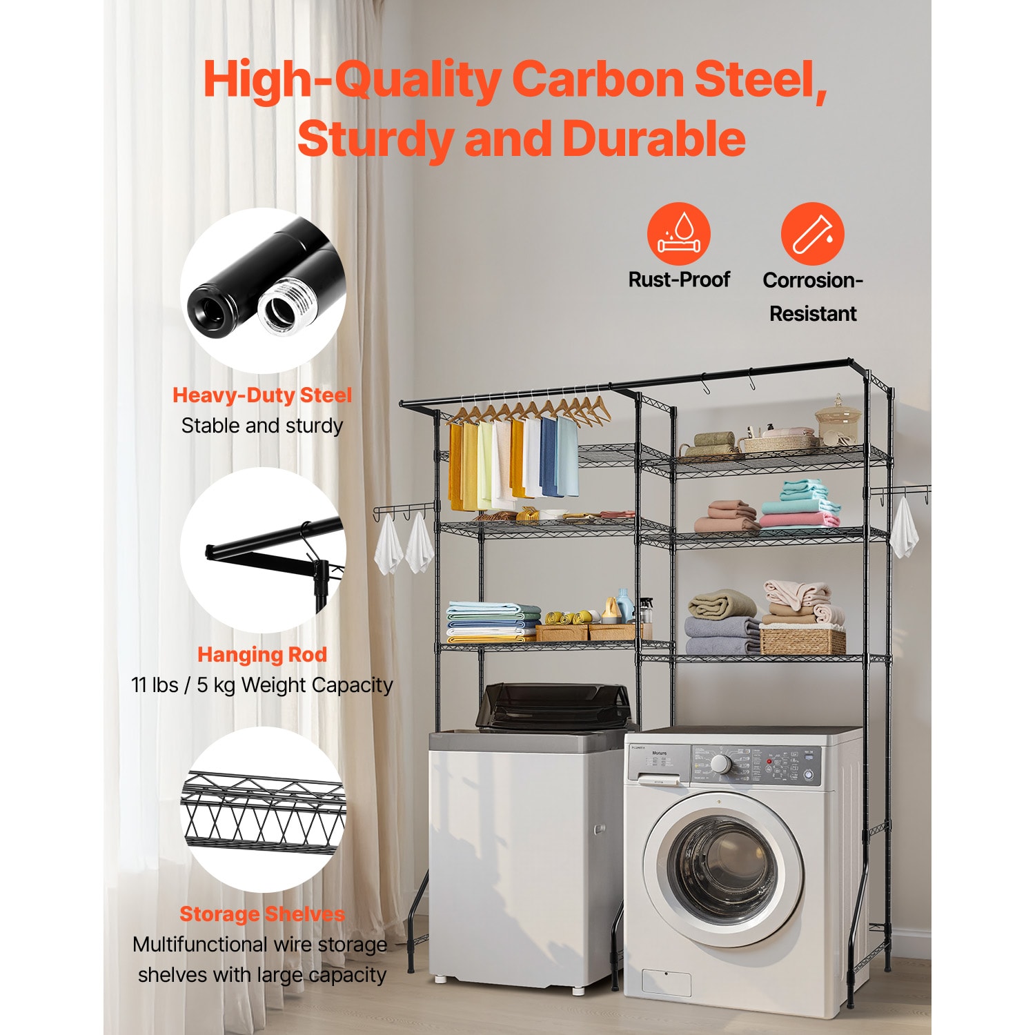 6 Tier Laundry Room Storage Shelf With Hanger Rod And Hooks Black_voghion.com